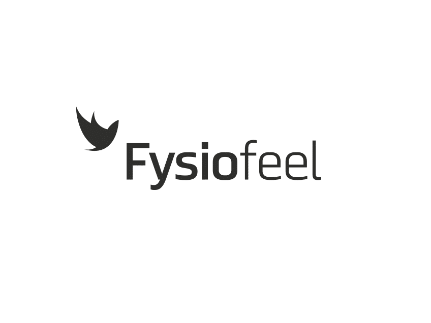 Fysiofeel-logo vaalealla taustalla (mustavalko), logosuunnittelu / graafinen suunnittelu