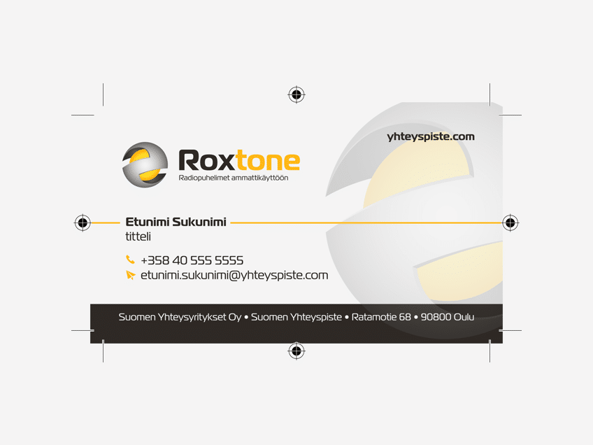 Roxtone-käyntikortti (edestä), graafinen suunnittelu