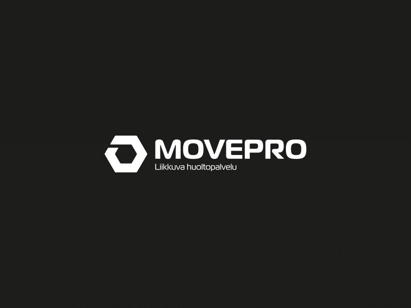 Movepro-logo tummalla taustalla (mustavalko), logosuunnittelu / graafinen suunnittelu